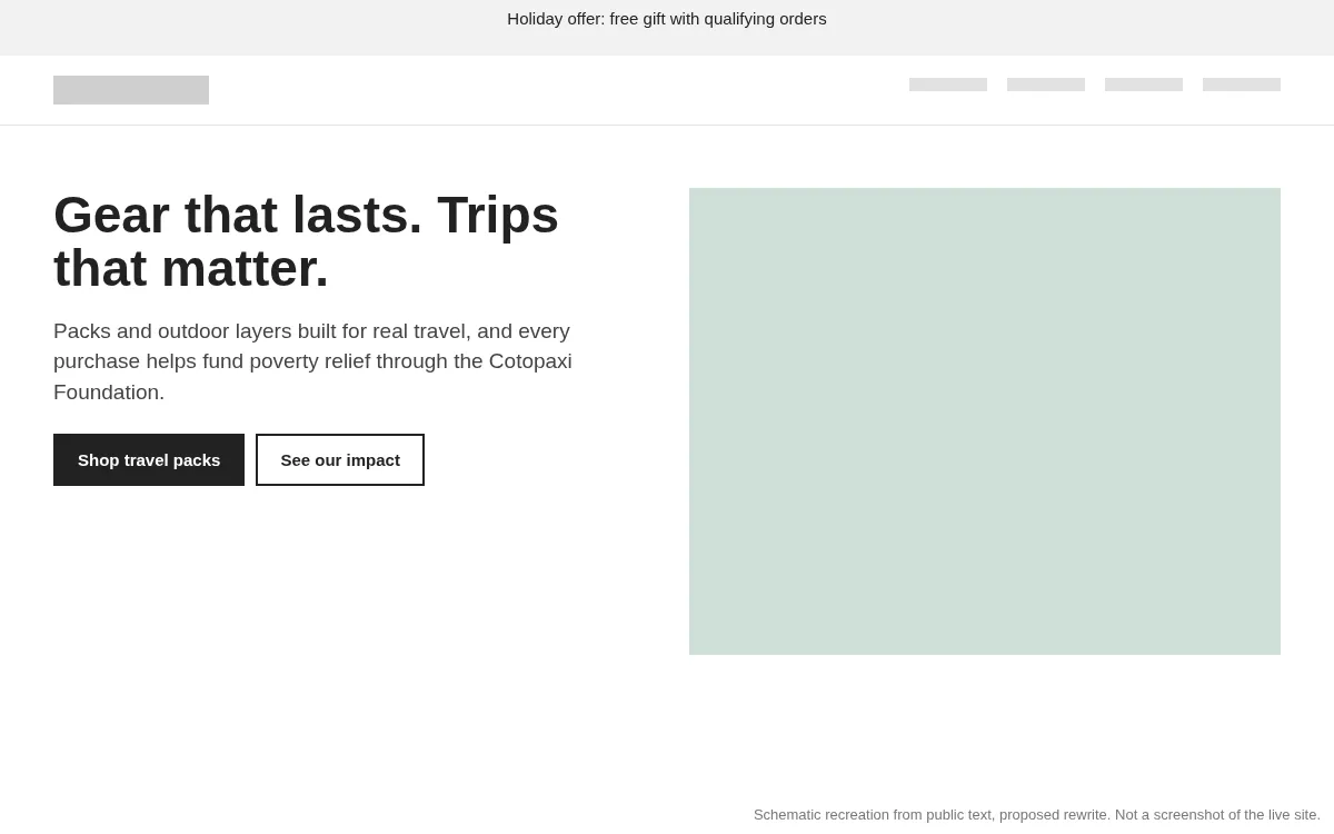 Proposed rewrite of the same screen. Headline: Gear that lasts. Trips that matter.